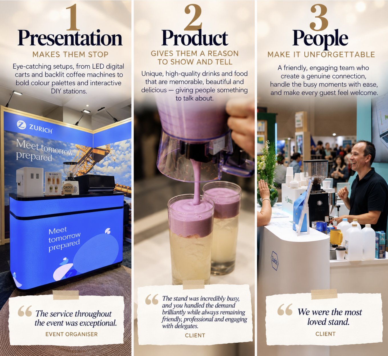 Barista2Go’s three pillars — Presentation makes them stop, Product gives them a reason to show and tell, People make it unforgettable — with client testimonials from Zurich and event organisers